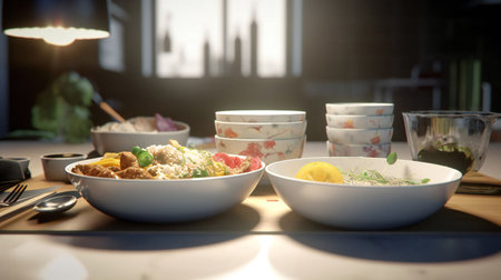 Delicious Delight: A Mouthwatering Meal on the Table. Generative AIの素材