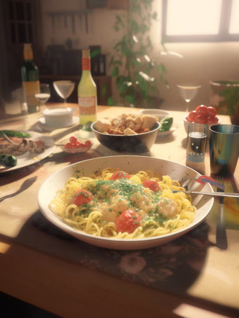 Delicious Delight: A Mouthwatering Meal on the Table. Generative AIの素材