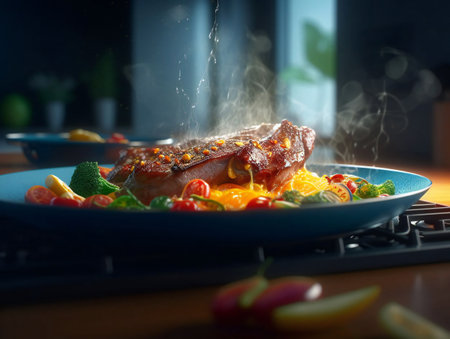 Delicious Delight: A Mouthwatering Meal on the Table. Generative AIの素材