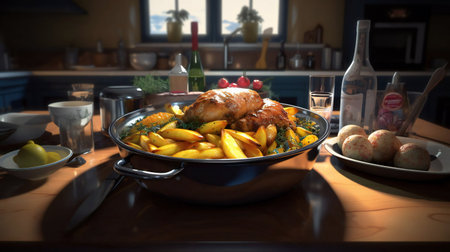 Delicious Delight: A Mouthwatering Meal on the Table. Generative AIの素材