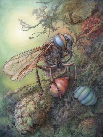 Fantasy illustration of a dragonfly on a tree branch with berriesの素材