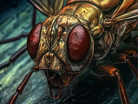 A 3D render of a fly in a close up view.の素材