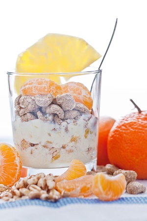 Fresh snack - yogurt, cereals and fruit front viewの写真素材