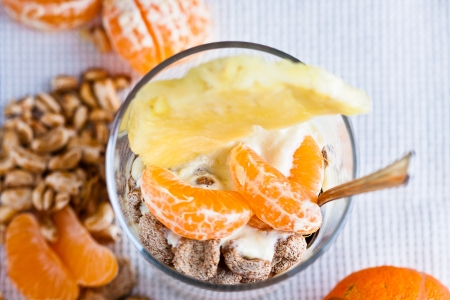 Fresh snack - yogurt, cereals and fruit Top viewの写真素材