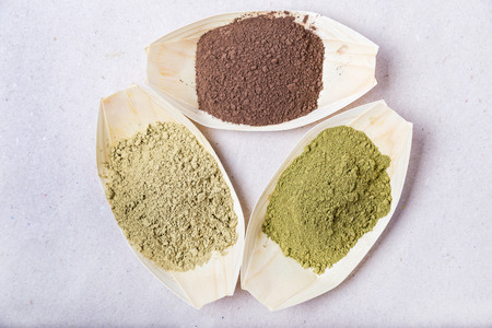Henna in three colors in bamboo bowlsの写真素材