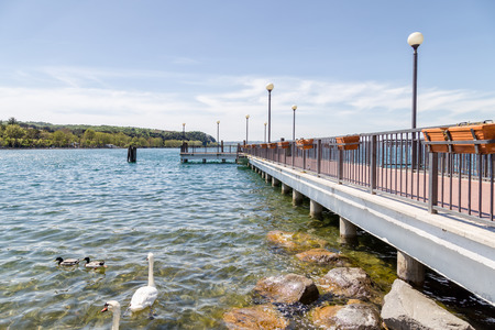 Left jetty39s view of the lake Bracciano Anguillara Lazio Italyの写真素材