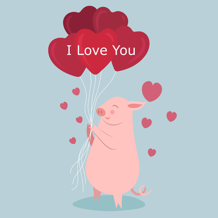 I love you, cute pig lover with balloon, valentine's day cardのイラスト素材