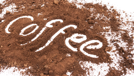 Coffee text on coffee groundの写真素材