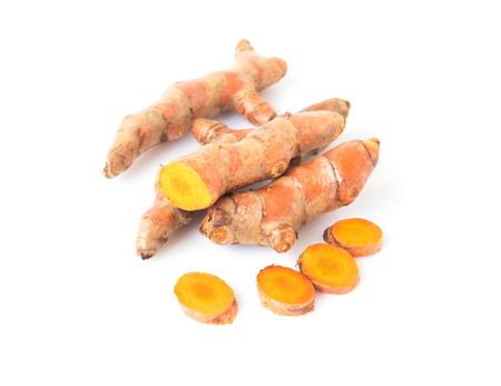 Fresh turmeric roots on white background, herb and healthy care conceptの写真素材
