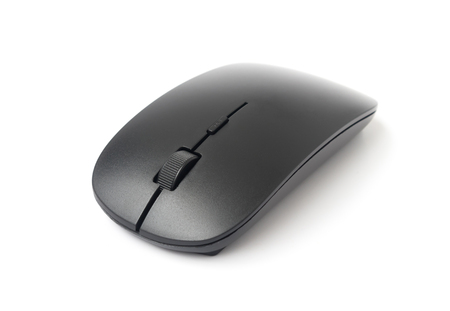 Black wireless computer mouse on white background, technology concept