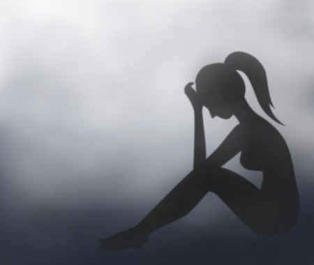 Digital Painting woman sad and depressed feeling sitting with dark cloudsの写真素材