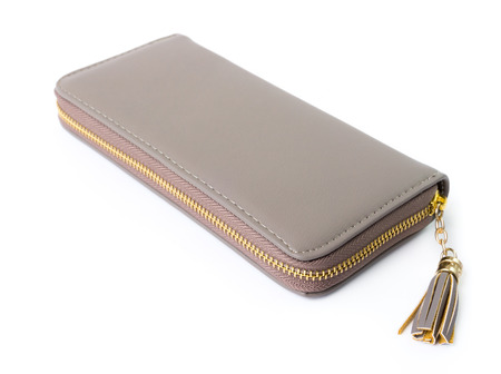 Closeup modern light brown woman wallet on white background