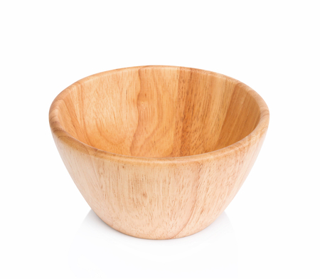 Closeup empty wooden bowl isolated on white backgroundの写真素材