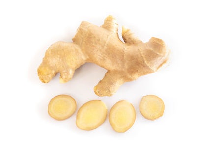 Fresh ginger root with sliced islolated on white background for herb and medical product conceptの写真素材