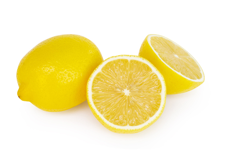 Closeup fresh lemon fruit slice isolated on white background, food and healthy conceptの写真素材