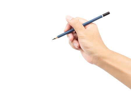 Hand holding pencil isolated on white backgroundの写真素材