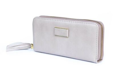 Closeup modern grey woman wallet fashion on white backgroundの写真素材