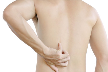 Young man hand holding with backache on white background, health care and medical concept