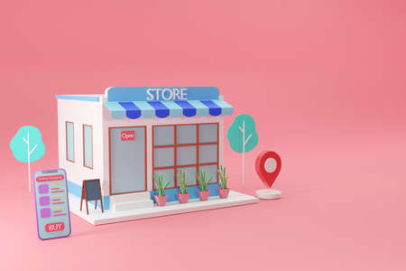 Store on smartphone with shopping online social media application concept, 3d renderの写真素材