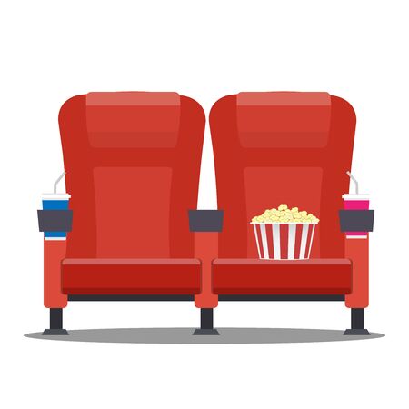 Cinema movie theater red comfortable seat with fizzy drink and box of popcorn over white background, Flat style vector illustrationのイラスト素材