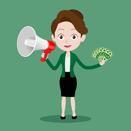 Happy business woman holding a megaphone and showing money dollar banknotes, Cartoon vector illustrationのイラスト素材
