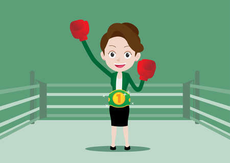 Business woman in boxing gloves wearing championship belt and standing on, Cartoon vector illustrationのイラスト素材