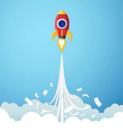 Paper art style of red rocket flying to the sky through the clouds, Start up business concept, Vector illustrationのイラスト素材