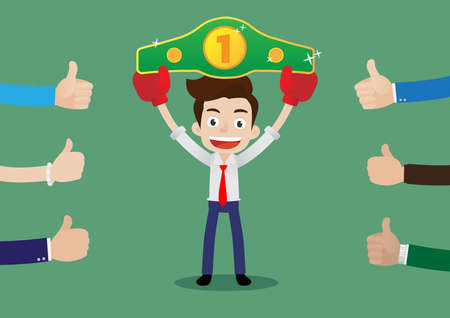 People like and give a thumbs up to businessman in boxing gloves holding championship belt, Cartoon vector illustrationのイラスト素材