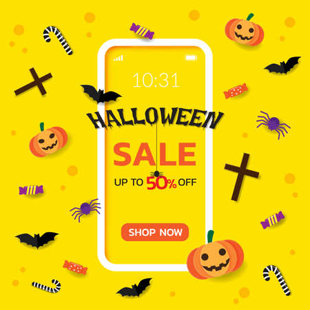 Halloween holiday sale promotion online shopping on smart phone with paper cut decoration, Inclues Halloween candy, scary pumpkin, black bat, spider and cross on yellow banner background, Vector illustrationのイラスト素材