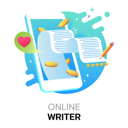 Online writer on mobile digital application technology, Making money by writing online concept, Vector illustrationのイラスト素材