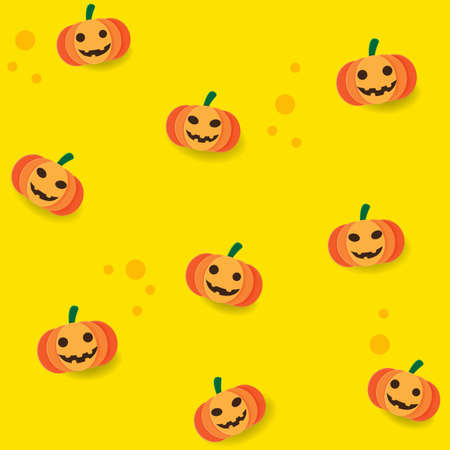 Halloween seamless pattern with orange scary face pumpkin paper cut style on yellow background, Vector illustrationのイラスト素材