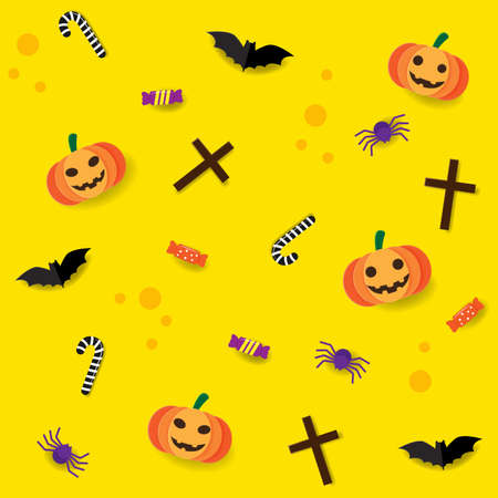 Halloween seamless pattern with orange halloween pumpkin, candy, bat, spider and cross paper cut style on yellow background, Vector illustrationのイラスト素材