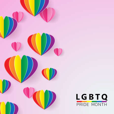 LGBTQ PRIDE MONTH Concept, Paper art style of rainbow heart on pink background, Vector illustrationのイラスト素材
