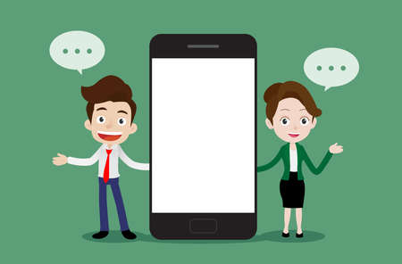 Businessman and businesswoman talking beside big smart phone with blank white screen, Business communication concept, Cartoon vector illustrationのイラスト素材