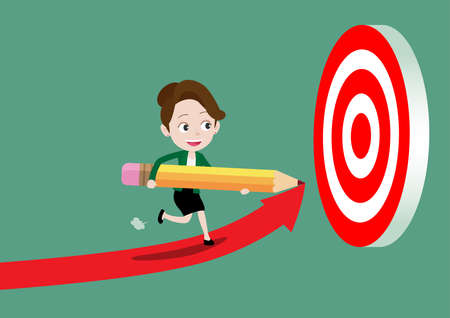 Happy young businesswoman using a pencil to create a path for herself to achive her goal, Cartoon vector illustrationのイラスト素材
