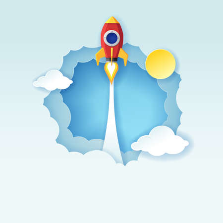 Paper art style of red rocket flying to the sky through the clouds, Start up business concept, Vector illustrationのイラスト素材