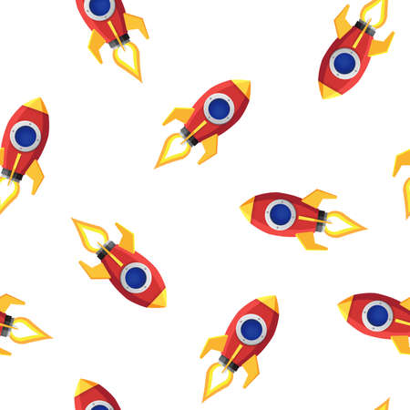Seamless red rocket or space ship launch on white background pattern, Pattern graphic style, Vector illustrationのイラスト素材