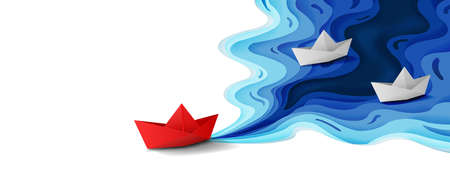 Leadership concept, Origami red paper boat floating in front of white paper boats on blue water polygonal trendy craft style, Paper art design banner background, Vector illustrationのイラスト素材