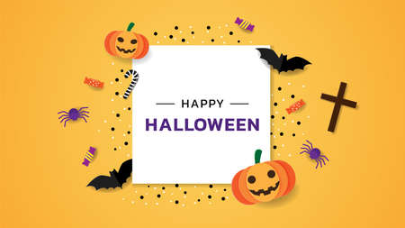 Happy Halloween holiday greeting card of white frame with paper art cut or craft decoration, Inclues Halloween candy, scary pumpkin, black bat, spider and cross on orange background, Vector illustrationのイラスト素材