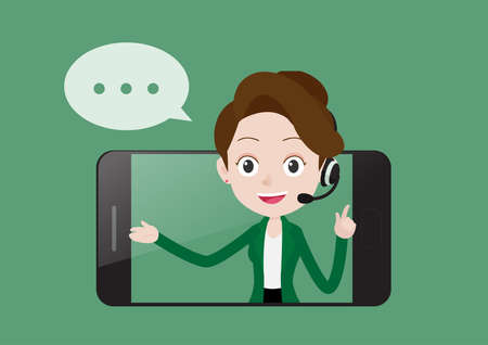 Smilling young woman operator with headset speaking from smart phone screen, Call center customer service business concept, Cartoon vector illustrationのイラスト素材
