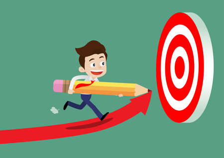 Happy young businessman using a pencil to create a path for himself to achive his goal, Cartoon vector illustrationのイラスト素材