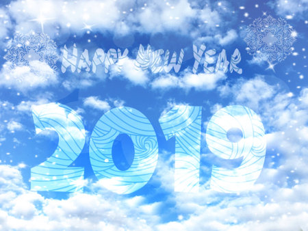Happy new year and 2019 blue sky background