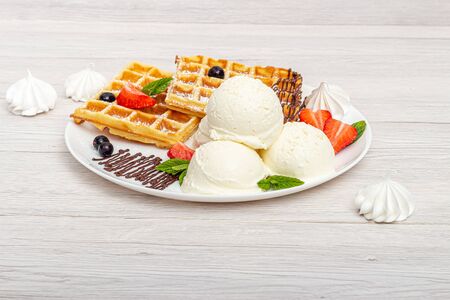 Chocolate Dessert with Ball Ice Cream and Wafflesの写真素材