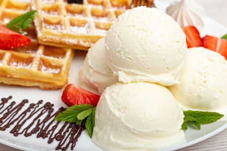 Chocolate Dessert with Ball Ice Cream and Wafflesの写真素材