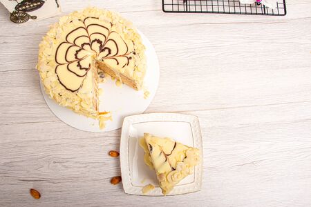 Esterhazy cake on a light wooden backgroundの写真素材
