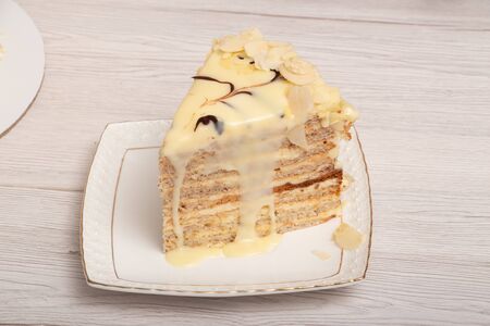 Esterhazy cake on a light wooden backgroundの写真素材