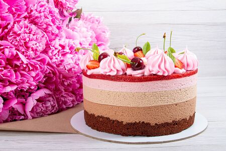 Homemade Three Chocolate Strawberry Cakeの写真素材