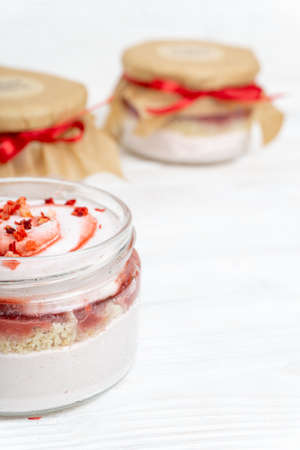 Marshmallow with jam in a transparent jarの写真素材