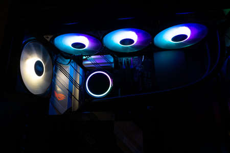 Illumination of the motherboard at night in the system unitの写真素材