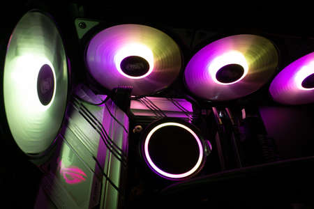 Illumination of the motherboard at night in the system unitの写真素材